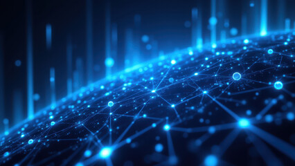 Fototapeta premium A stylized representation of a global network with interconnected nodes in blue tones, emphasizing concepts related to digital connectivity, software development automation, and cloud computing.