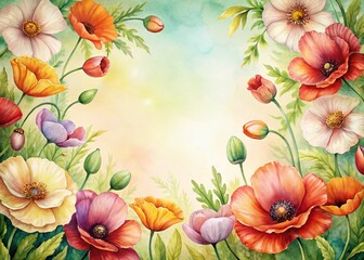 Watercolor Poppy Flower Border Frame for Spring Designs