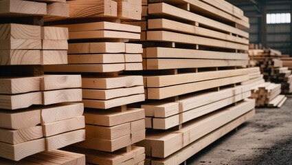 Stacked Lumber Planks at Sawmill Yard
