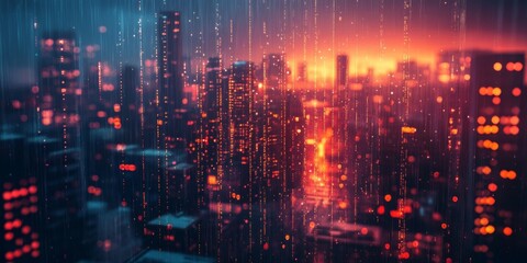 Night city skyline with glowing red and blue neon lights on tall buildings