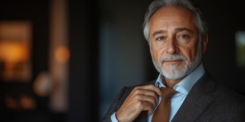 Stylish older man adjusting his tie in a softly lit modern interior while exuding confidence and sophistication during an evening gathering