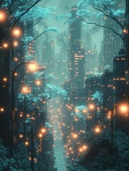 Obraz premium Enchanting futuristic city street, glowing trees, soft light