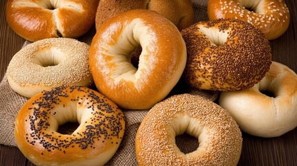 Assorted bagels, wood table, burlap, bakery, food photography