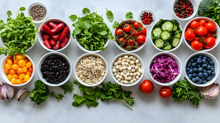 Vibrant Bowls of Goodness: A vibrant flat lay showcasing an array of fresh, healthy ingredients in pristine white bowls, ready to be incorporated into a delicious and nutritious meal.