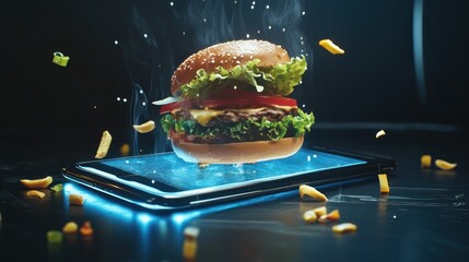 Futuristic Food: Burger Displayed on a Holographic Tablet Interface