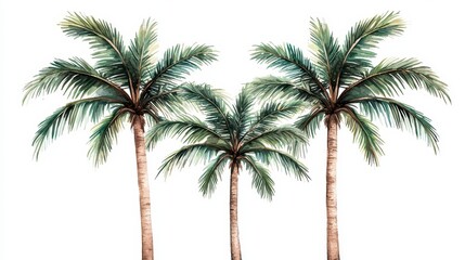 Three lush palm trees with vibrant green leaves against a white background, evoking a tropical and serene atmosphere.