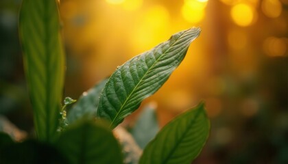 Green Leaves at Golden Hour with Water Droplets and Warm Light