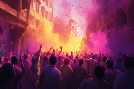 Happy Holi Rangpanchami celebration background, a vibrant crowd throwing bright gulal powder in the air, with joyous faces smeared in vivid colors, set in a festive open street. 