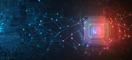 Obraz premium complex network of interconnected nodes and lines, representing a digital circuit board with glowing lines and nodes in shades of blue and red, illustrating a technological or data network concept.