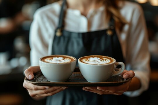 Waitress holding tray with coffee cups, serving hot aromatic brewed coffee drinks to couple visitors waiting at cafe table, Generative AI