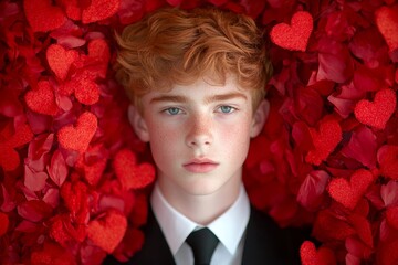 Valentine's day greeting from man or for man: impressive noticeable image of loving caucasian juvenile boy. Commercial ad campaign creative. Love confession. Affectionate man. Man in love.