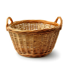 Fototapeta premium A large wicker basket with two handles, placed on a white background. 