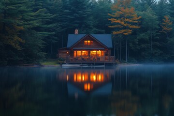 Fototapeta premium Tranquil lake house with warm lights reflecting on water at dusk