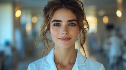 Fototapeta premium Compassionate female healthcare professional in a white coat, embodying care and dedication in her role.