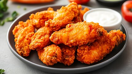 A plate of spicy buffalo chicken tenders served with a side of ranch dressing