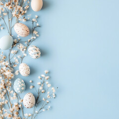 Fototapeta premium Pastel Blue Background with Hand-Painted Easter Eggs – Festive Spring Design