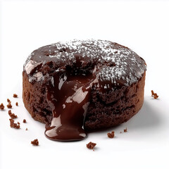 Minimalist food photography of chocolate lava cake with delicate sugar dusting, soft interior, crisp edges. Clean presentation emphasizing glossy molten chocolate center.