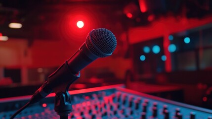 Nightclub microphone, stage, red lights, music