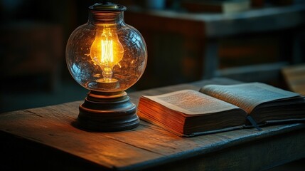 Warm lamplight illuminates antique book on wood