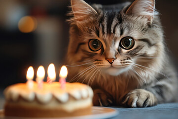 a sweet looking cat with big eyes, who is attentively watching a birthday cake with four burning candles.  