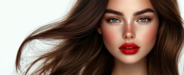 Fototapeta premium Stunning close-up of a young woman with flowing hair and bold red lips showcasing flawless beauty and captivating eyes in a neutral background