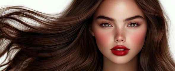 Fototapeta premium Woman with flowing brown hair and striking red lips showcases beauty and confidence in a soft, neutral backdrop