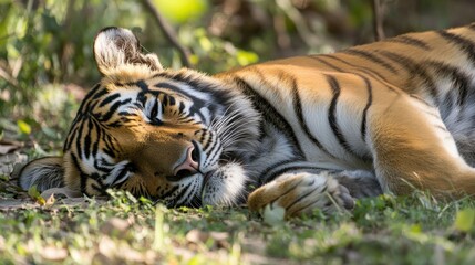 Fototapeta premium Tiger sleeping forest dappled sunlight wildlife