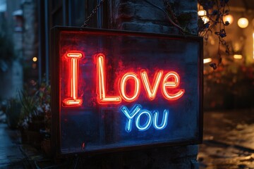 Neon sign displaying heartfelt message at night in urban setting with planted flowers nearby