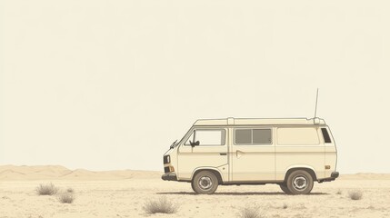 Obraz premium Beige Campervan in Empty Desert Landscape; Stock Photo