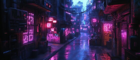 Neon-lit cyberpunk alleyway, rain reflecting vibrant hues.