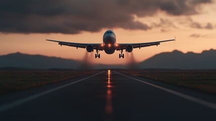 Fototapeta premium A silhouette of an aircraft landing on a runway during sunset, surrounded by mountains and dramatic clouds.