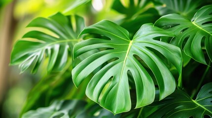 Obraz premium Lush green Monstera leaves, garden background, nature backdrop, design