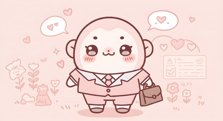 Cute Cartoon Character in Suit with Briefcase on Pink Background