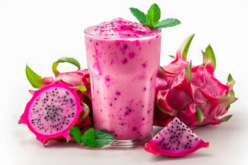 Glass of pink matcha cocktail. Dragon fruit drink photo on the white background. Slices of ripe pitaya, leaves, and natural sweetener organic drinks. Vibrant color organic superfood for detox, diet
