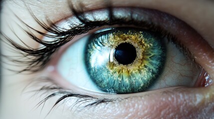 Fototapeta premium Close-up eye, green iris, macro shot, blurred background, medical