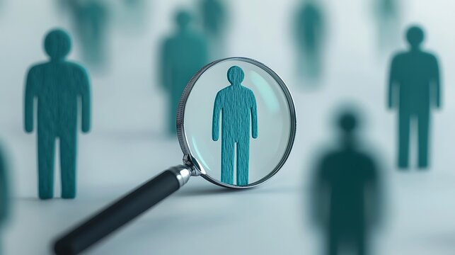 A magnifying glass focuses on a single figure among silhouettes, symbolizing analysis, attention, and individual importance in a crowd.