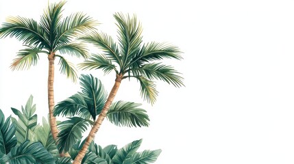 Lush palm trees with green fronds, creating a tropical vibe against a clean, white background.