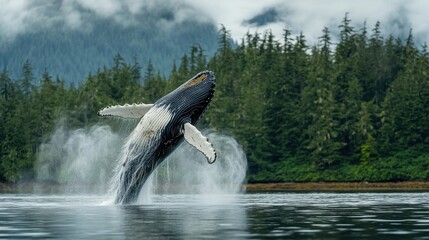 Fototapeta premium Humpback whale breaching in ocean, water sprays. Perfect for documentaries, travel brochures, or any project needing a majestic nature image.