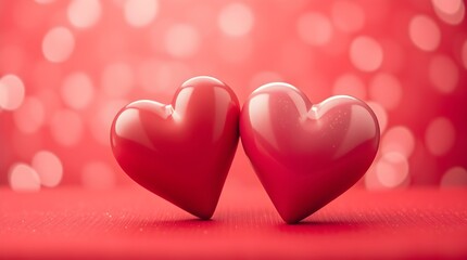 Two red shiny porcelain love hearts with a pink and red background.