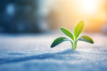 Green sprout breaking through snow. Concept of purposefulness and the birth of new life