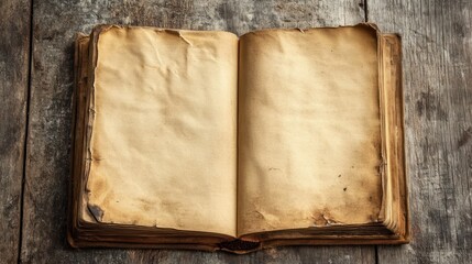 Antique book open, wood background, blank pages, history