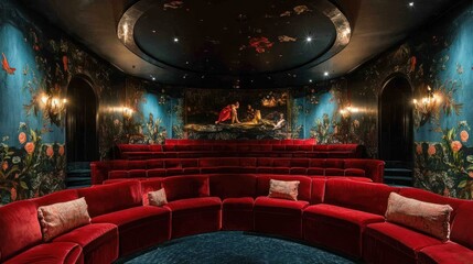 Obraz premium Luxurious red velvet cinema seating, ornate wall d?cor, and artistic painting in a private home theater