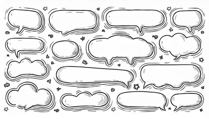 Obraz premium Balloon text frame decoration set. Simple hand drawn pen line speech bubble, cloud, balloon frame for text border. Doodle elegant dialog bubble, title headline. perfect any project Generative AI