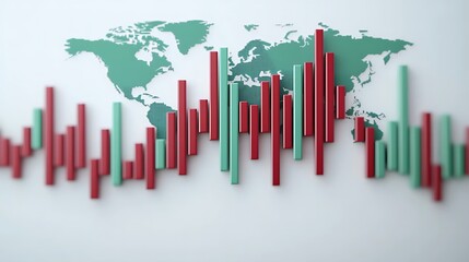 A colorful bar graph displaying data trends, overlaid on a world map, illustrating global statistics and analytics.