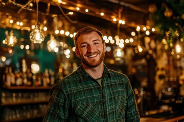 Obraz premium St. Patrick's Day, a man in a casual green flannel shirt and khakis, posing with a warm smile against a backdrop of string lights and a festive bar.