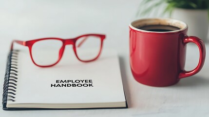 A red mug and glasses rest beside an open notebook titled "Employee Handbook," suggesting a work or study environment.