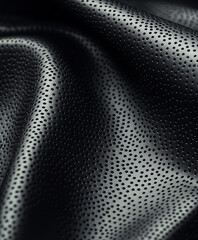 close-up of a black perforated fabric with a smooth, flowing texture. The tiny holes create a breathable, modern design, emphasizing elegance, flexibility, and high-quality material