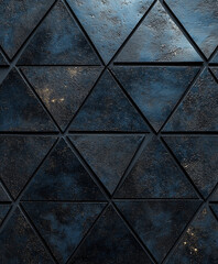 close-up of a textured metallic surface with a geometric triangular pattern. The dark blue and black tones, combined with gold speckles and weathered textures, create a futuristic and industrial aesth