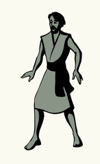 Vector drawing. Fearfull man in ancient dress