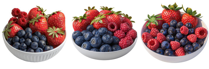 Obraz premium Fresh and Colorful Assortment of Juicy Berries in White Bowls with Strawberries, Raspberries, and Blueberries Displayed
